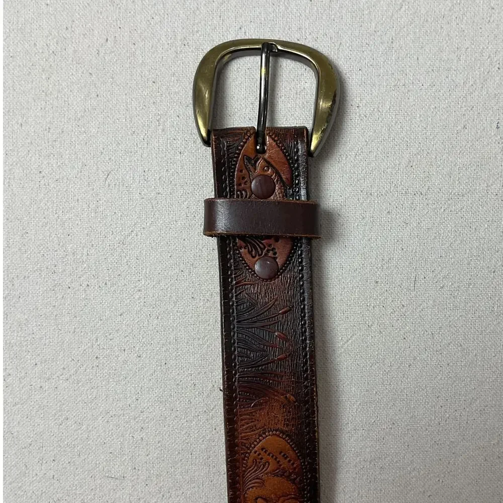 Vintage Brown Leather Western Style Fish Themed Belt 44 inch with Buckle